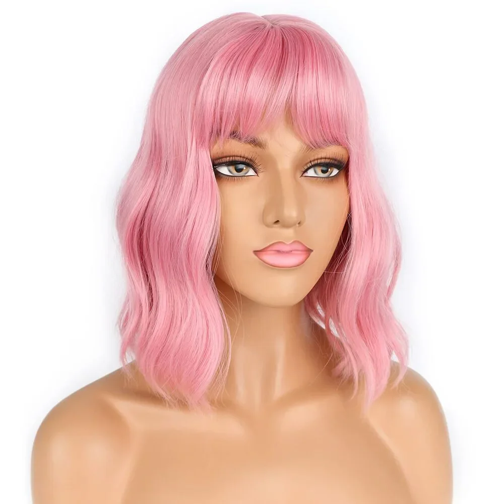 Short Bob Pink Wigs with Bangs for Women Loose Wavy Hair